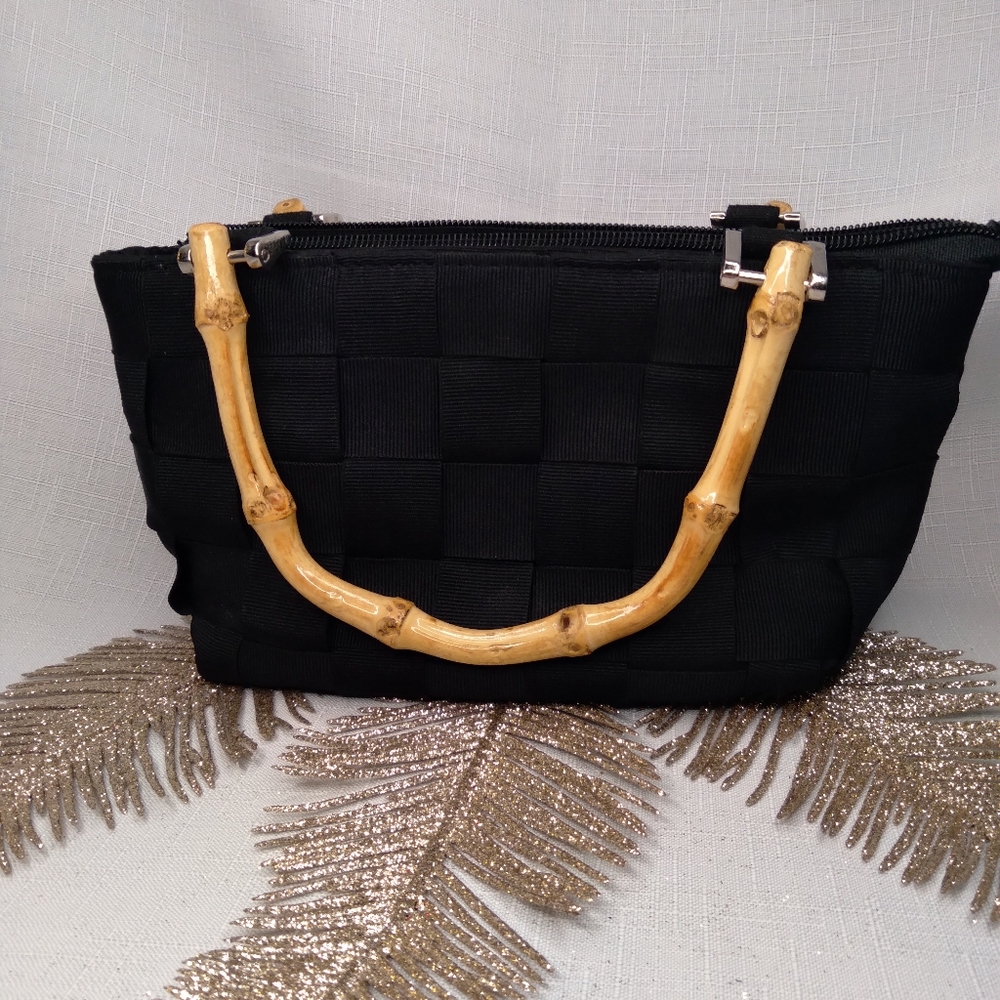 Braciano black woven handbag with bamboo handles